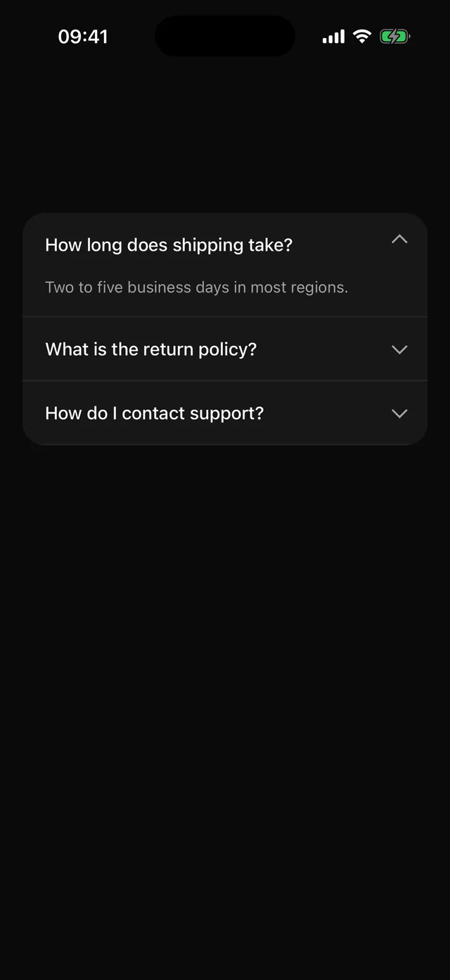 Accordion rendered on iOS, dark mode