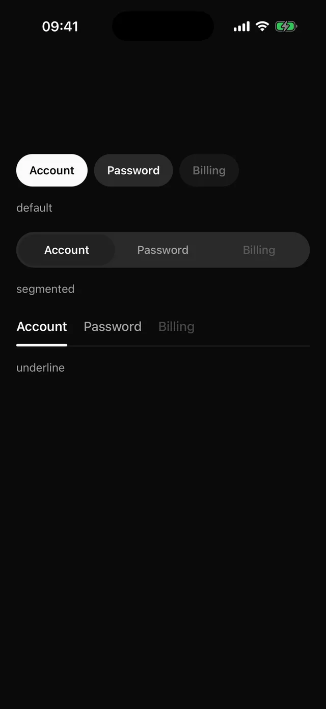 Tabs rendered on iOS, dark mode