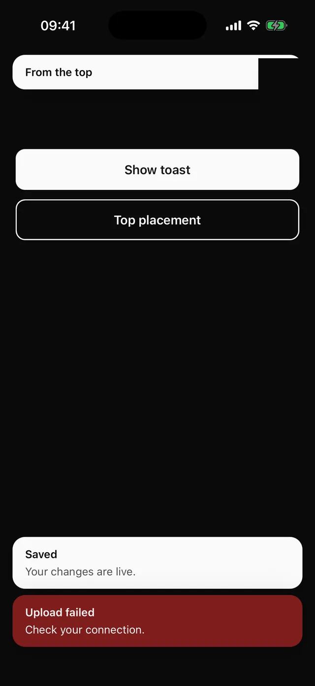 Toast rendered on iOS, dark mode